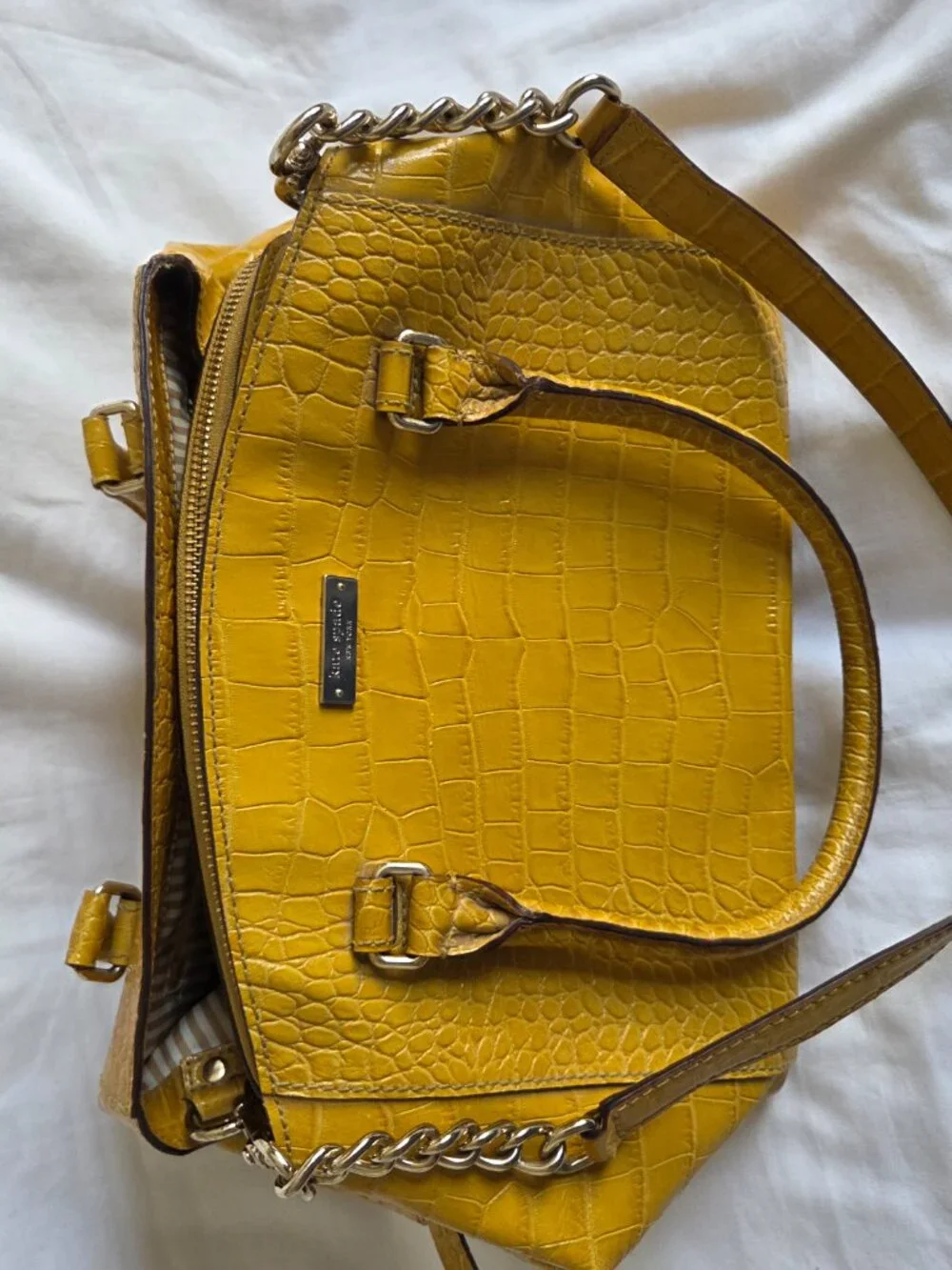 VINTAGE Kate Spade Mustard Yellow Patent Leather Crocodile Embossed Satchel